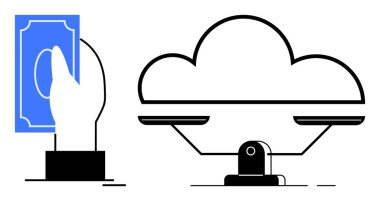 Bulutlu bir denge terazisinin yanında, mali dengeyi, fiyatlamayı ve dijital hizmetleri sembolize eden bir el ele tutuşma parası. Bulut hesaplama, bütçe, finans, maliyet analizi ve fiyatlandırma modelleri için ideal