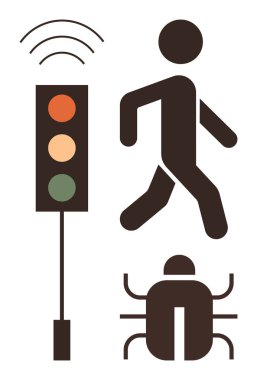 Yaya figürü yürüyüşü, trafik ışığı ve böcek ikonu. Siber güvenlik, teknoloji, bağlantı, şehir sistemleri, ulaşım dijital güvenlik farkındalığı için idealdir. Basit düz metafor