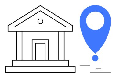 Banka cephesi çizimi büyük bir harita pin simgesi ile eşleştirilerek, finans ile konum işaretleyiciyi birleştirildi. Bankacılık, navigasyon, yerel hizmetler, fintech uygulamaları, finans platformları, küresel