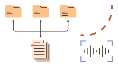 Belgelere bağlı üç dizin, ses dalgası grafikleri ve iş akışlarını temsil eden kesik bölümler. Dosya yönetimi, veri örgütü, ses işleme, depolama, iş akışları, bilgi için ideal