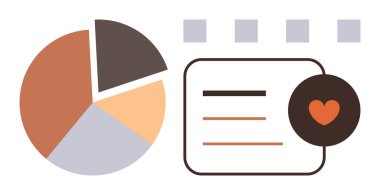 Dört parçalı pasta grafiği, çizgileri, kalp ikonu ve soyut kareleri olan belgeler. İş için ideal, analitik, pazarlama, takım çalışması, sağlık yeniliği aşk temaları. Basit düz metafor