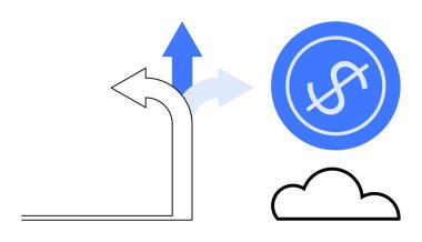 Dolar madeni para ve bulut simgesi ile birlikte farklı yönlere bölünmüş eğri bir ok. İş stratejisi, finansal büyüme, karar verme, yenilikçi düşünce, gelecek planlama için ideal