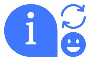 Cesur bilgi ikonu, dairesel tazeleme okları ve mutlu yüz. Destek, güncelleme, pozitiflik, geri besleme, iletişim, kılavuz kullanıcı etkileşimi için ideal basit iniş sayfası