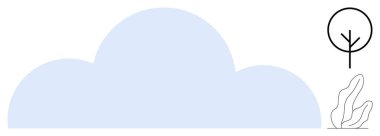 Basit bir soyut ağaç ve yaprakları olan yumuşak mavi bir bulut. Doğa, ekoloji, çevre, minimalizm, bulut hesaplama, sürdürülebilirlik, basit iniş sayfası için ideal