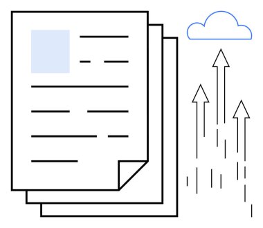 Buluta işaret eden, veri transferini, uzaktan dosya erişimini, dijitalleşmeyi gösteren yukarı doğru okların olduğu dokümanlar yığını. Teknoloji, bulut depolama, veri paylaşımı, takım çalışması, organizasyon için ideal