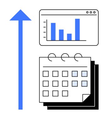 Büyümeyi, planlamayı, stratejiyi ve başarıyı vurgulayan verileri, takvimi ve yukarı doğru oku gösteren çubuk çizelgesi. İş, pazarlama, analitik performans verimlilik organizasyonu için ideal