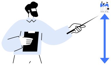 Profesyonel bir pano ve yukarı doğru ok ve tartışan minyatür figürlere işaret ediyor. Öğretmenlik, liderlik, büyüme, sunum, strateji, koçluk, iletişim için ideal