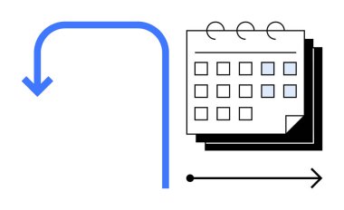 Vurgulanmış günleri olan takvim, sola hareket eden mavi eğimli ok, sağa bakan siyah ok. Planlama, program yönetimi, iş akışı, son teslim tarihi hedefleri, görev öncelikleri, etkinlik düzenleme için ideal