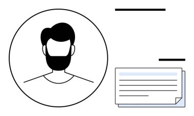 Minimum hatlı yuvarlak kullanıcı avatarı, sakal ve saç içeriyor. Bitişik kimlik kartında metin satırları, kişisel verilerin taşınması, kimlik teşhisi görülüyor. E-kimlik, teknoloji ve profil için ideal