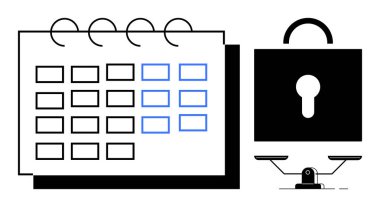 Vurgulanmış tarihli spiral takvim, asma kilit mahremiyeti simgeliyor, dengeyi vurgulayan teraziler. Zaman yönetimi, program güvenliği, öncelik planlaması, veri koruması, verimlilik için ideal