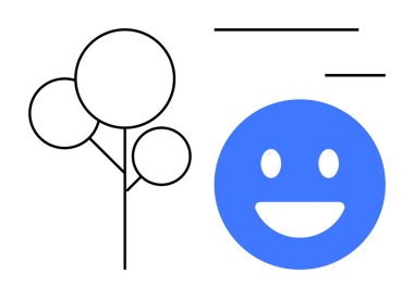 Minimum ağaç çizgisi, mavi gülen yüz ve yatay soyut çizgiler. Pozitiflik, yaratıcılık, sosyal medya, markalaşma, refah, iletişim kavramları için ideal basit iniş sayfaları