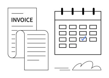 İşaretli tarihli bir takvimin yanında fatura kağıdı, teslim tarihlerini, ödemeleri ve görevleri temsil ediyor. Finans, planlama, fatura, organizasyon, teslim tarihleri için ideal basit bir daire