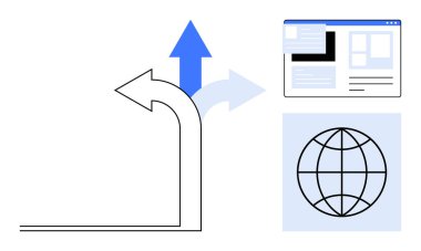 İlerlemeyi gösteren oklar, web sitesi düzeni penceresi, küresel erişimi temsil eden dünya. Teknoloji, büyüme, bağlantı, yenilik, ilerleme, dijital pazarlama küreselleşme için ideal basit düz