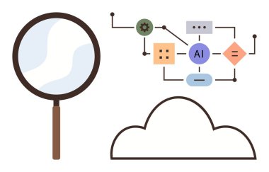 Yapay zekaya, bulut hesaplamasına ve bağlantılara bağlı veri düğümlerini inceleyen büyüteç. Yapay zeka analizi, makine öğrenimi, büyük veri, bulut teknolojisi, araştırma, yenilik dijital