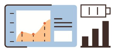 Pil seviyesi ikonunun yanındaki analitik gösterge paneli üzerindeki çizgi grafik ve bar grafiği performans içgörülerini ve izlemeyi gösteriyor. Veri görselleştirme, iş büyümesi, enerji takibi, sunumlar için ideal