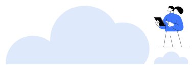 Dijital tablet tutan kişi büyük bulut şeklinin yanında duruyor. Teknoloji, yenilik, bulut depolama, bilişim hizmetleri, veri yönetimi, uzaktan çalışma, basit iniş sayfası için ideal