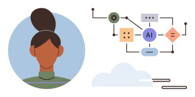 Yapay zeka akış şemasının yanındaki kadın profili bağlantılar, süreçler ve sistemleri gösteriyor. Yapay zeka, teknoloji, yenilik, veri analizi, otomasyon, dijital dönüşüm için ideal basit düz metafor