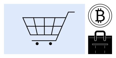 Bitcoin ikonu ve evrak çantasının bulunduğu alışveriş arabası sembolü çevrimiçi alışveriş, kripto para ve işi simgeliyor. E-ticaret, teknoloji, finans, dijital ödeme, perakende, yatırım için ideal
