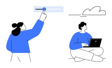 Erkekler dizüstü bilgisayar, teknoloji yönetimi, bulut depolama, dijital iş akışı, iletişim, veri erişimi ve yenilikleri yansıtırken, kadınlar sürgülü ayarı ayarlıyor. Basit düz metafor