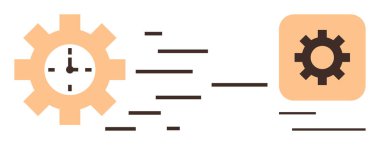 Hız ve verimliliği vurgulayan saat ve yön çizgileri olan vites. Zaman yönetimi, otomasyon, verimlilik, teknoloji, iş akışı, verimlilik ve ilerleme için ideal. Basit düz metafor