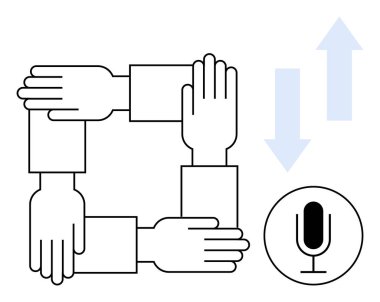 Kare şeklindeki dört el işbirliğini sembolize eder, mikrofon iletişimi gösterir ve yukarıdan aşağıya oklar etkileşimi işaret eder. Takım çalışması, topluluk, iletişim, geri bildirim, çeşitlilik için ideal