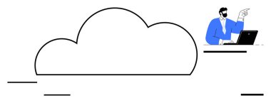 Büyük bir bulut grafiğinin yanında işaret eden bir dizüstü bilgisayar kullanan profesyonel. Teknoloji, bulut hesaplama, iş stratejisi, yenilik, uzaktan çalışma, işbirliği dijital dönüşüm için idealdir. Basit.