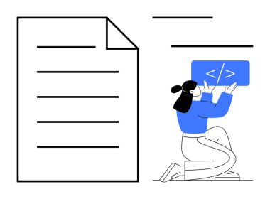 Kod bloğunu büyük bir belgenin yanında tutan kadın kodlamayı, belgeleri, programlamayı, takım çalışmasını, iş akışını temsil ediyor. Web tasarımı için ideal, yazılım mühendisliği, eğitim, içerik oluşturma basit