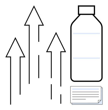Yukarı bakan oklar, yeniliği temsil eden bir şişe ve planlama için bir belgeyle birlikte ilerlemeyi ve başarıyı simgeler. İş için ideal, büyüme, yenilik, ilerleme, strateji, planlama