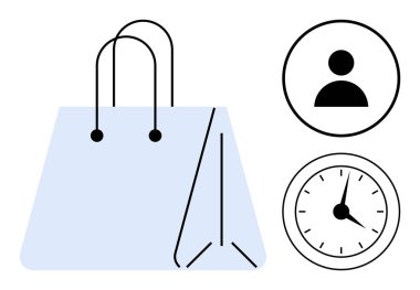 Alışveriş torbası, kullanıcı simgesi ve saati ile birlikte çevrimiçi alışveriş, zaman yönetimi, müşteri etkileşimi ve perakende işlemleri anlamına gelir. Pazarlama, dağıtım, e-ticaret, markalaşma ve tüketici için ideal