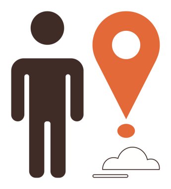 Turuncu harita işaretleyicisinin yanında insan figürü ve minimum bulut elementi. Konum, navigasyon, seyahat, teknoloji, bağlantı, kullanıcı bağlantısı, küresel erişim için ideal. Basit düz metafor