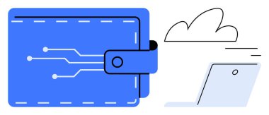 Bulut ve laptop simgesinin yanında devre şablonu olan mavi dijital cüzdan, online ödeme, bulut depolama, kripto para birimi, güvenli işlemler, fintech, veri yönetimi, basit iniş sayfası