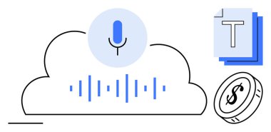 Üzerinde mikrofon ikonu olan bulut, ses dalgası deseni, metin belgeleri ve para. Ses-metin, bulut hizmetleri, ses işleme, transkripsiyon, yapay zeka araçları için idealdir basit iniş sayfası
