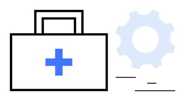 Mavi haçlı ilk yardım çantasının yanında sağlık, yenilik ve verimliliği sembolize eden bir vites simgesi var. Tıbbi hizmetler, teknoloji, sağlık çözümleri, sistemler, bütünleşme, güvenlik için ideal