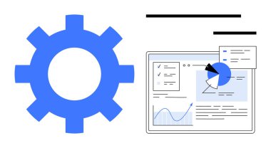Çizelgeler, grafikler ve ayarlar seçenekleri olan büyük dişli ve veri gösterge paneli. Teknoloji, veri analizi, geliştirme, iş akışı optimizasyonu, iş yönetimi, otomasyon sade iniş sayfası için ideal