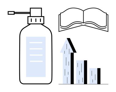 El dezenfektanı, açık kitap ve yukarı doğru çizgi çizelgesi temizlik, öğrenme ve ilerleme kavramlarını vurguluyor. Eğitim, sağlık, büyüme, hijyen başarısı için ideal. Basit bir iniş sayfası.