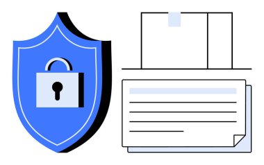 Dosya ve belgelerin yanında asma kilit olan mavi bir kalkan. Siber güvenlik, veri gizliliği, yasal koruma, güvenli depo, uyum, şirket politikası, dijital güven için ideal. Basit düz