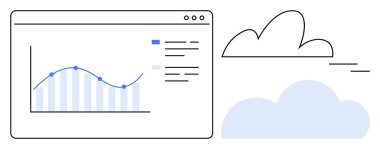 Çizgi grafiği ve çubuk görselleştirmesi olan analitik grafik, soyut bulut grafiğinin yanında tarayıcı penceresinde. Veri analizi, raporlama, bulut hesaplama, yenilik, iş büyümesi, dijital