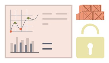 Çizgili ve parmaklıklı grafikler, istiflenmiş kutular, ve görselleştirme lojistiği, tedarik zinciri, nakliye, veri güvenliği. İş, güvenlik, analitik envanter koruma ticareti için ideal basit bir daire