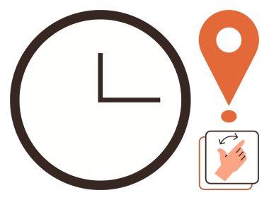 Analog saat, turuncu yer belirleyici, el hareketi. Zamanlama, randevu, zaman takibi, navigasyon, karar veren kullanıcı etkileşimi için ideal. Basit düz metafor