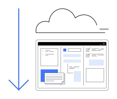 Bir masaüstü arayüzü üzerinde gezinen bulut, düzenli yerleşim düzenleri, kontrol listeleri ve dosya indirmeleri içeriyor. Veri yönetimi, bulut depolama, iş akışı, çevrimiçi hizmet, dijital organizasyon için ideal