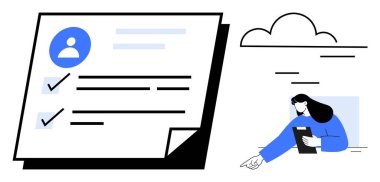 Tamamlanmış görevler listesinin yanında kullanıcı profili kartı, tablet tutan kadın, yukarıdaki bulut simgesi. Üretkenlik, görev yönetimi, kullanıcı profilleri, çevrimiçi hesaplar, takım çalışması, dijital araçlar için ideal