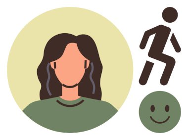 Dalgalı saçlı, zıplayan figürlü ve mutlu yüzlü biri bütünsel refahı simgeliyor. Akıl sağlığı, kendine bakım, refah, pozitiflik, terapi motivasyonu ve fitness temaları için idealdir. Basit.