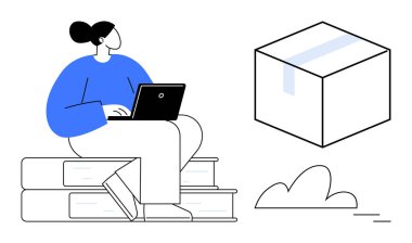 Yığılmış kitapların üzerinde oturan, dizüstü bilgisayarda yazan kutulu bir paket ve bulut olan bir kadın. Eğitim, uzaktan çalışma, e-ticaret, dağıtım, yenilikçi depolama soyut kavramları için idealdir. Modern