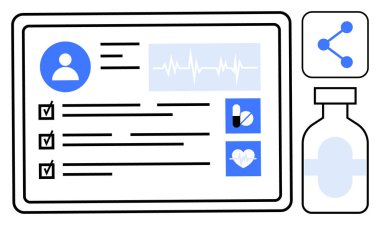 Hasta simgesini gösteren tablet ekranı, tıbbi ayrıntılar, kontrol listesi, kalp atış hızı verileri, haplar, sağlık paylaşım ikonu. Sağlık, teknoloji, teletıp, tıbbi uygulamalar için ideal.