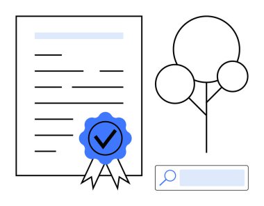 Ödül kurdeleli sertifika kağıdı, asgari ağaç simgesi ve arama çubuğu eko-arkadaşlığı, orijinalliği, doğrulamayı, sürdürülebilirliği, eğitimi, şeffaflığı, basit iniş sayfasını sembolize ediyor