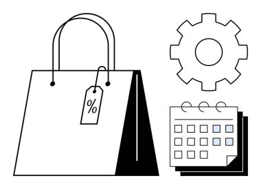 İndirim etiketli alışveriş çantası, takvim ve alışveriş, planlama, indirimler, zaman yönetimi, perakende yönetimi, pazarlama stratejisi ve ticareti simgeleyen teçhizat. Basit düz metafor için ideal