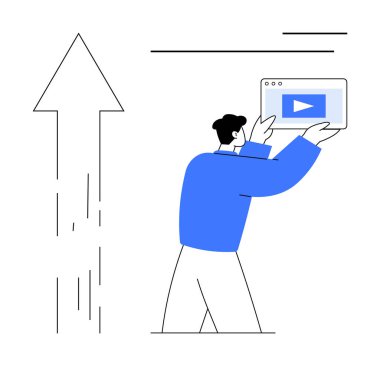Yukarı doğru büyük bir ok büyümeyi sembolize ederken bir video ekranı elinde tutan kişi. Ticari başarı, içerik oluşturma, video pazarlama, eğitim, çevrimiçi öğrenme, performans için ideal
