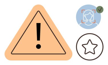 Ünlemle üçgen uyarı işareti, işaretli yüz tanıma ve çizilmiş yıldız şekli. Güvenlik, analiz, onay, tanınma, güvenlik derecelendirme veya uyarı kavramları için idealdir. Modern basit