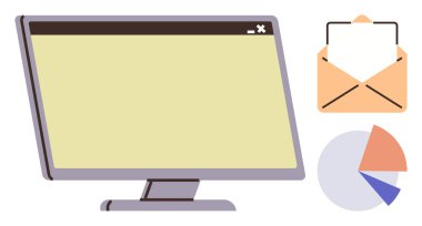 Bilgisayar monitörü, zarfı kağıt ile aç, pasta grafiği modern düz stil. İletişim, e-posta, çevrimiçi iş, veri analizi, ofis görevleri, dijital işbirliği sunumları için ideal