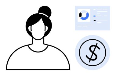 Çizelge ve dolar işaretli minimalist kadın figürü analitik, finans ve başarıyı temsil ediyor. İş, profil, finans, veri, modern arayüz eğitimi ve basitlik için idealdir. Temiz daire